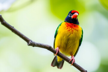 Obraz premium Vibrant Gouldian Finch Perched on a Tree Branch, Showcasing Its Brilliant Colors and Delicate Plumage in a Serene Natural Setting