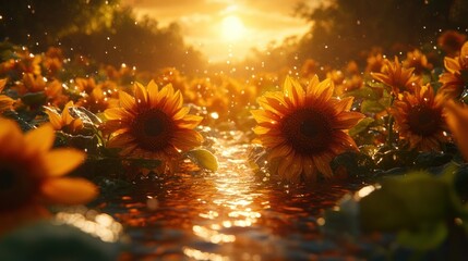 Sunflowers bathed in golden sunset light