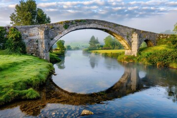 Fototapeta premium Charming Arched Bridge Reflecting On A Still River