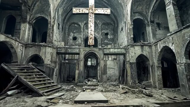 Old abandoned church with a large cross and crumbling architecture illustrating decay over time