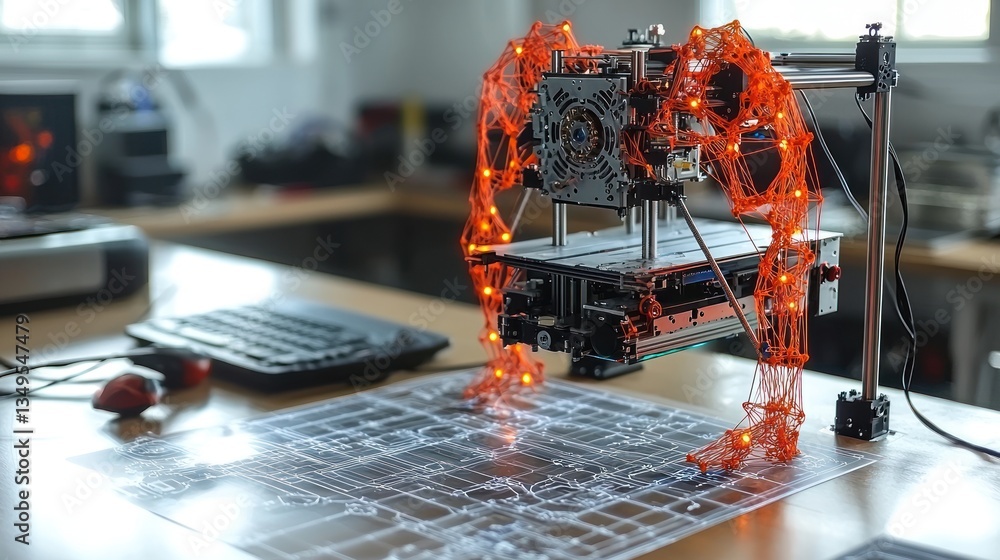Poster innovative 3d printing process with intricate orange filament structure creation