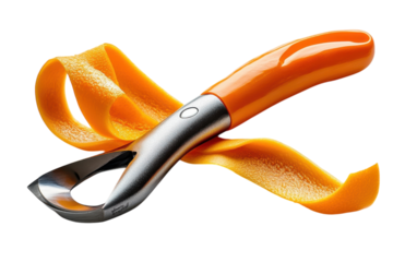 A Vibrant Orange Peel Elegantly Curls Around A Sleek, Modern Citrus Peeler, Showcasing Effortless Zest Removal With A Bright, Clean Aesthetic Isolated on Transparent Background
