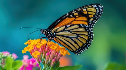 Fototapeta premium Monarch butterfly on vibrant flower cluster, bokeh background