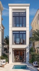 A modern white multi story house with large windows and a pool