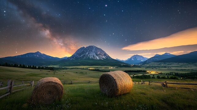 Hay bales at night, mountain range, stars, milky way