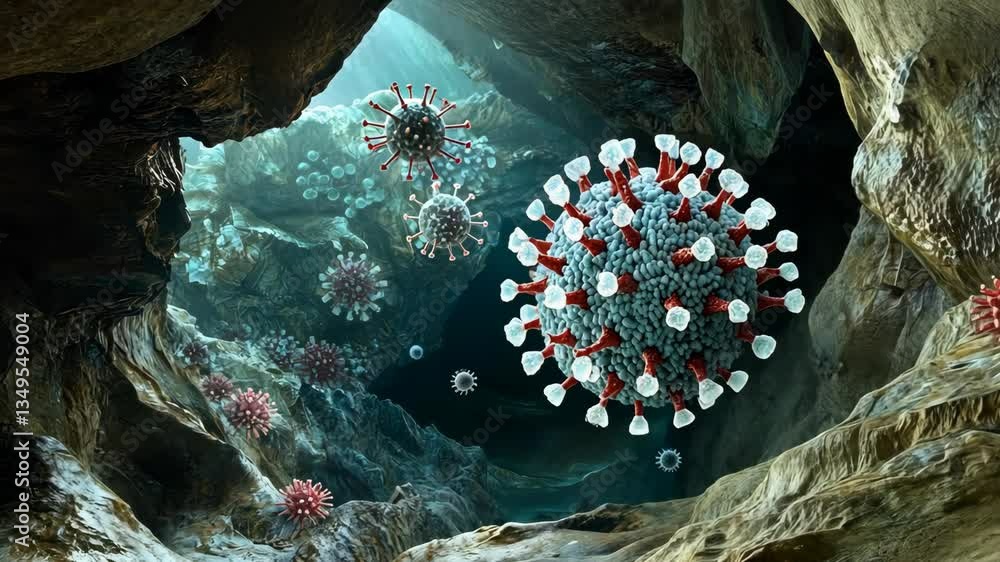 Poster microscopic view of viruses floating in a dark, underwater cave environment showcasing intricate str