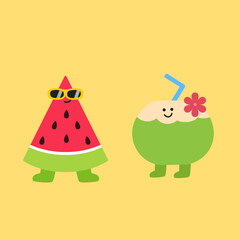 Fototapeta premium Funny fruits Hello Summer, Set of summer cards, vector illustration. Sunglasses and Tropical fruits. watermelon slice in glasses. blink coconut cartoon