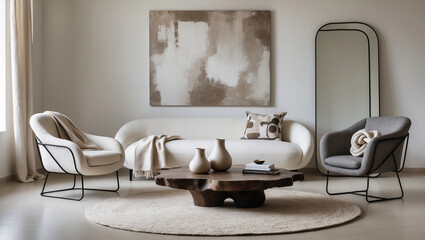 Serene living room sanctuary featuring plush cream and gray armchairs, a minimalist sofa, and a rustic wooden coffee table, all complemented by a large abstract painting and a full-length mirror.