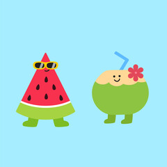 Funny fruits Hello Summer, Set of summer cards, vector illustration. Sunglasses and Tropical fruits. watermelon slice in glasses. blink coconut cartoon
