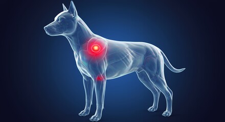 Dog anatomy with highlighted shoulder and leg joint pain on blue