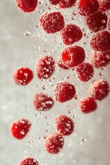 Ripe raspberries in motion on light background with water droplets &ndash; concept of freshness, natural vitamins, and healthy nutrition.