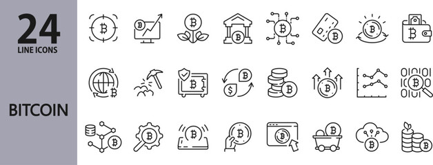 Bitcoin line icons set with Cryptocurrency, Coin, Currency, Wallet, Blockchain, Investment, Payment, Mining and more. Editable Stroke