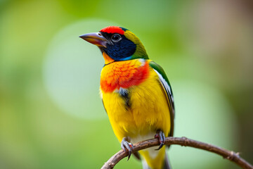 Obraz premium Vibrant Gouldian Finch Perched on a Tree Branch, Showcasing Its Brilliant Colors and Delicate Plumage in a Serene Natural Setting
