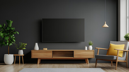 Modern Living Room Interior with Dark Walls, TV, and Indoor Plants