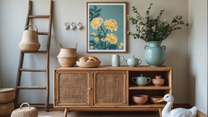 Serene Home Decor: A peaceful room arrangement featuring woven baskets, a rattan cabinet, and delicate floral artwork, all bathed in soft natural light.