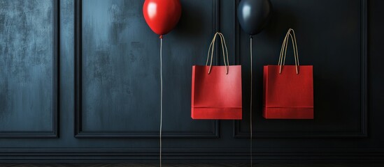 Two balloons and shopping bags are on the wall