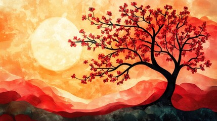 Abstract landscape with cherry blossom tree and sun, peaceful