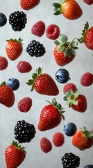 Berry Mix in Motion &ndash; Strawberries, Blueberries, Raspberries and Blackberries on Light Background, Healthy Food Concept