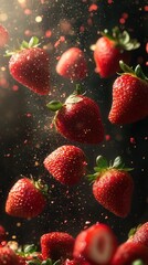 Falling Strawberries on Dark Background  &ndash; Freshness and Healthy Food Concept