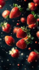 Falling Strawberries on Dark Background  &ndash; Freshness and Healthy Food Concept
