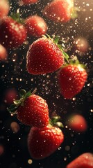 Falling Strawberries on Dark Background  &ndash; Freshness and Healthy Food Concept