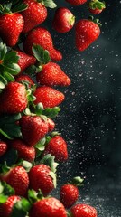 Falling Strawberries on Dark Background  &ndash; Freshness and Healthy Food Concept
