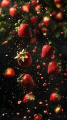 Falling Strawberries on Dark Background  &ndash; Freshness and Healthy Food Concept