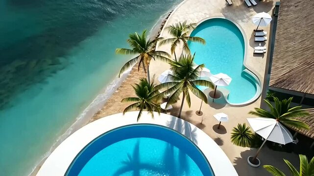 Luxurious resort with pools and ocean views surrounded by palm trees
