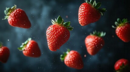 Falling Strawberries on Dark Background  &ndash; Freshness and Healthy Food Concept