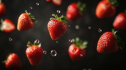 Falling Strawberries on Dark Background  &ndash; Freshness and Healthy Food Concept