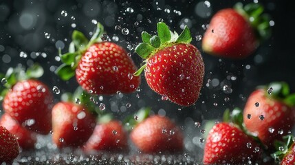 Falling Strawberries on Dark Background  &ndash; Freshness and Healthy Food Concept