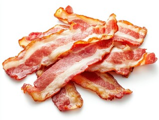 Obraz premium Crispy and Delicious Cooked Bacon Strips Piled Together on a White Background Perfect for Mouthwatering Food Photography and Culinary Inspiration