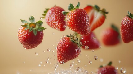 Bright fresh strawberries falling on a light background. Concept of summer, freshness, vitamins, and healthy eating.