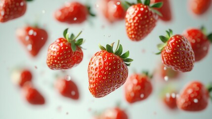 Bright fresh strawberries falling on a light background. Concept of summer, freshness, vitamins, and healthy eating.