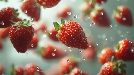 Bright fresh strawberries falling on a light background. Concept of summer, freshness, vitamins, and healthy eating.