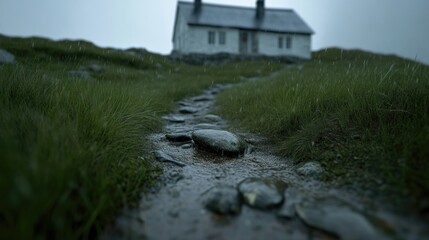 Naklejka premium Rainy path leading to a secluded cottage