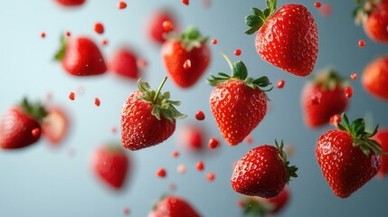 Bright fresh strawberries falling on a light background. Concept of summer, freshness, vitamins, and healthy eating.