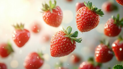 Bright fresh strawberries falling on a light background. Concept of summer, freshness, vitamins, and healthy eating.