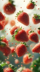 Bright fresh strawberries falling on a light background. Concept of summer, freshness, vitamins, and healthy eating.