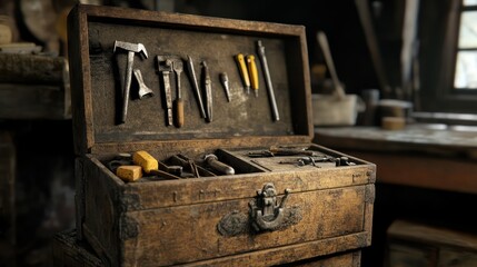 Antique tools in wooden box, workshop background, craftsmanship