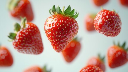 Bright fresh strawberries falling on a light background. Concept of summer, freshness, vitamins, and healthy eating.