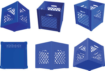 A square plastic milk crate from six angles as vector file created by 3D modeling.