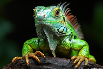 Fototapeta premium Green iguana portrait, jungle backdrop, wildlife photography, nature print