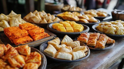 Assorted pastries displayed on rustic wooden table, outdoor market setting