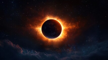 Naklejka premium Solar eclipse observed against a starry sky with fiery corona illuminating the dark moon