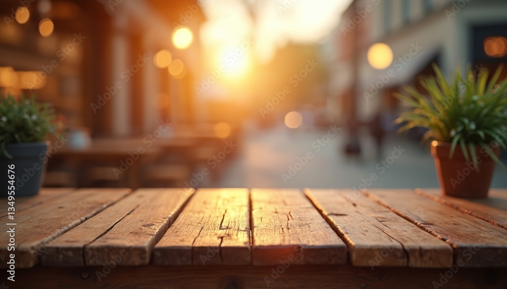 Poster wooden table against blurred cafe sunset background. empty space for product display. rustic texture