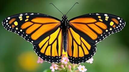 Fototapeta premium Monarch butterfly perched on flower, vibrant colors, blurred green background