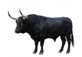 A majestic black bull stands powerfully against a stark white background