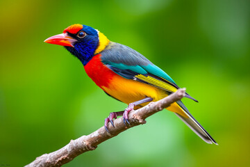 Fototapeta premium Vibrant Gouldian Finch Perched on a Tree Branch, Showcasing Its Brilliant Colors and Delicate Plumage in a Serene Natural Setting