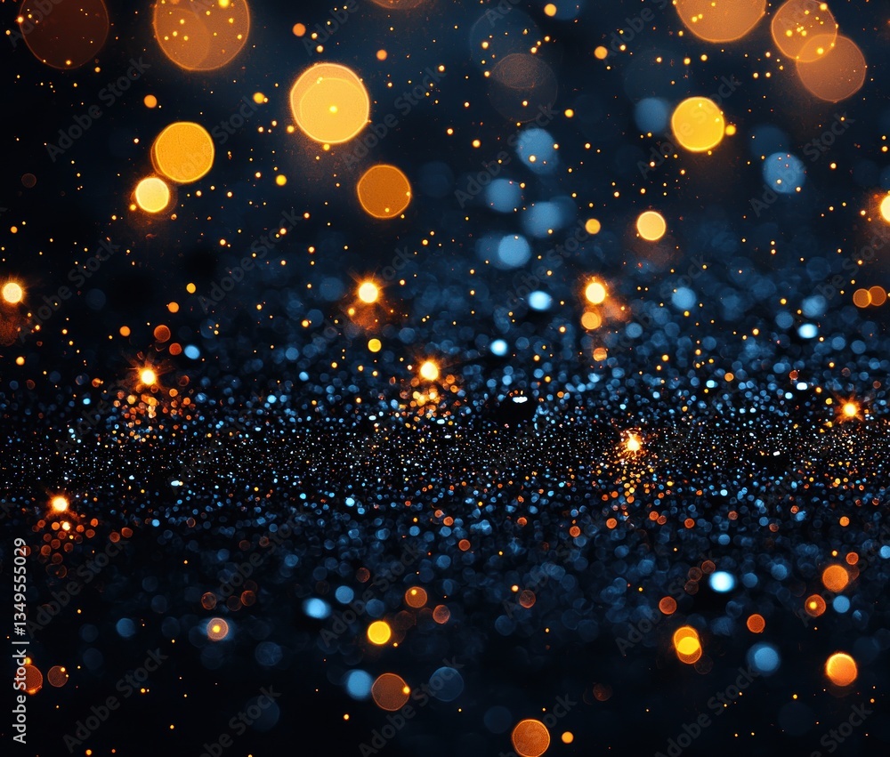 Poster mystical bokeh light patterns and glittering dust on dark blue background